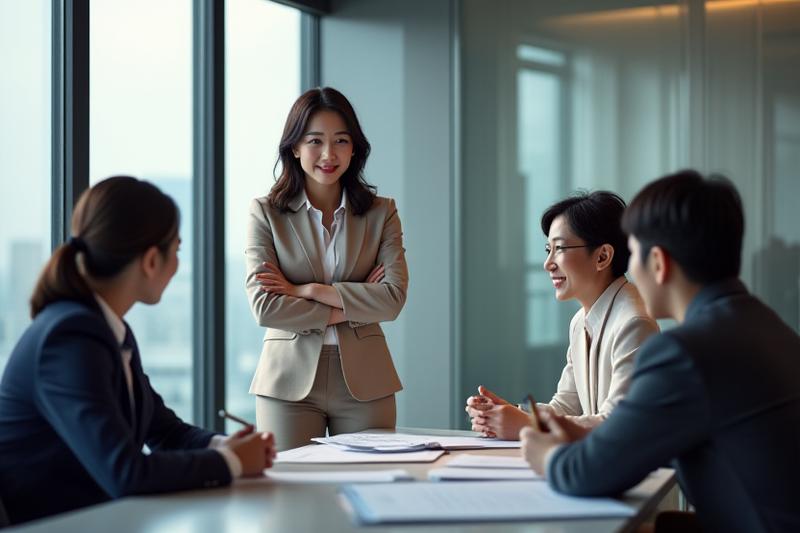 자신감 있는 표정으로 팀원들과 브레인스토밍하는 40대 한국 여성 리더.